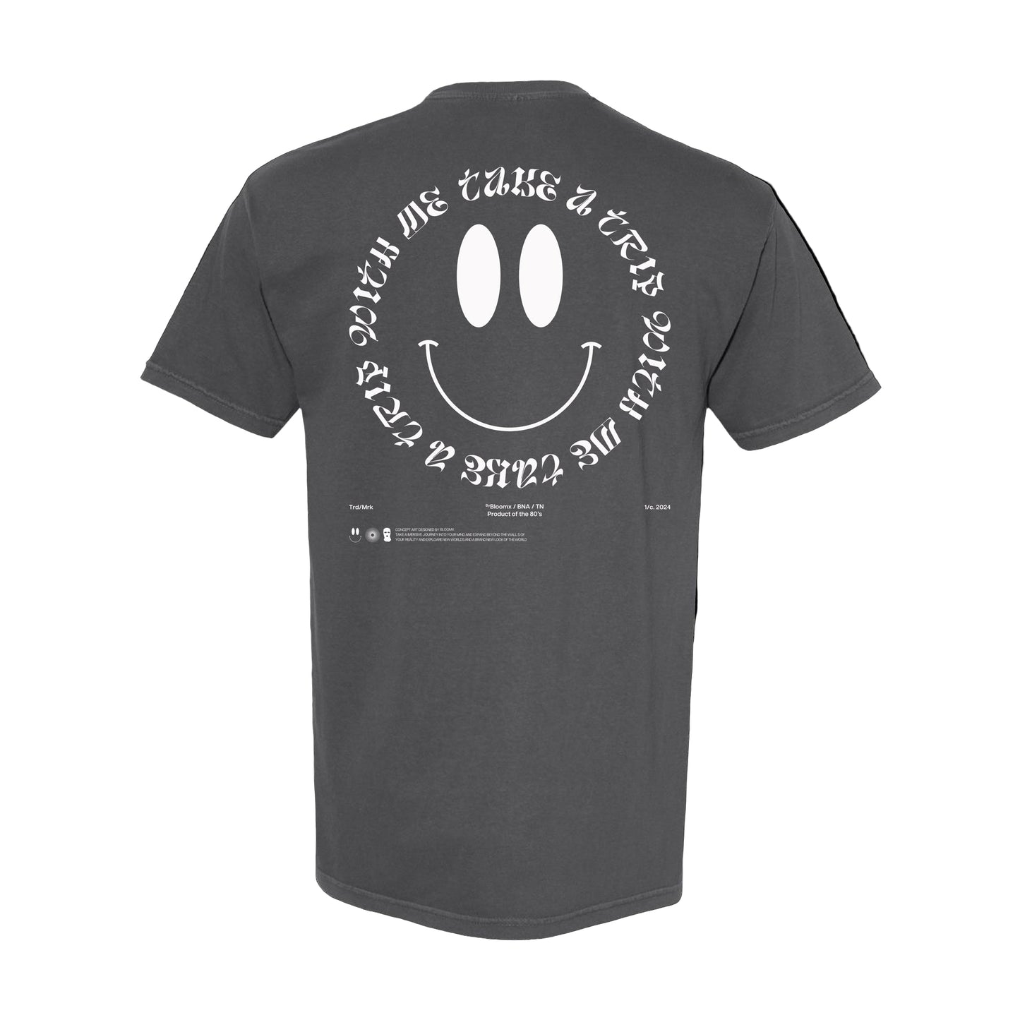 Gray t-shirt with a smiley face design and text on the back against a black background
