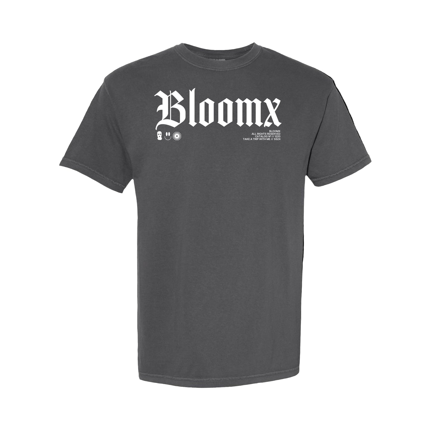 Gray t-shirt with 'Bloomx' logo on a black background