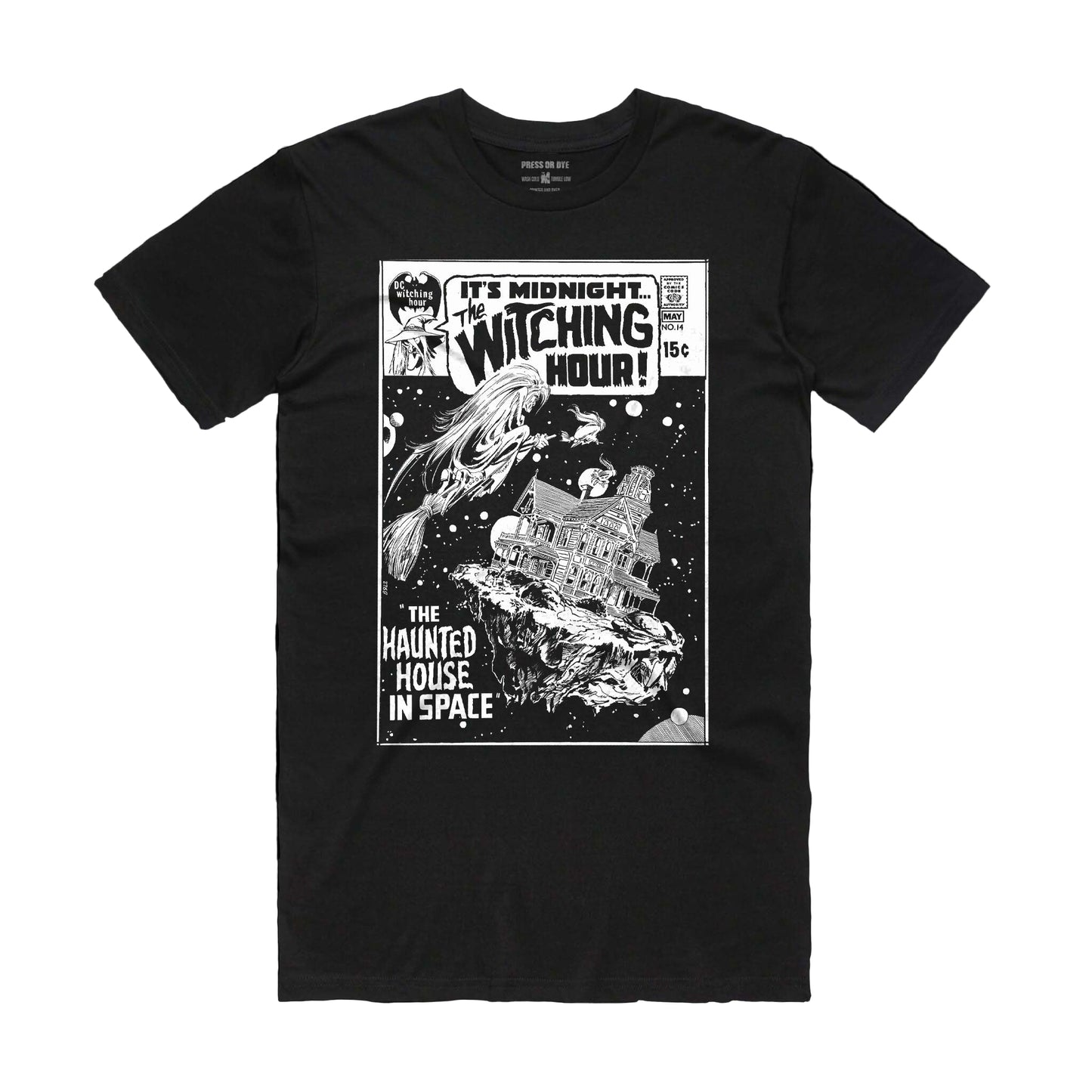 Black t-shirt with a graphic design of a haunted house in space and text on a black background