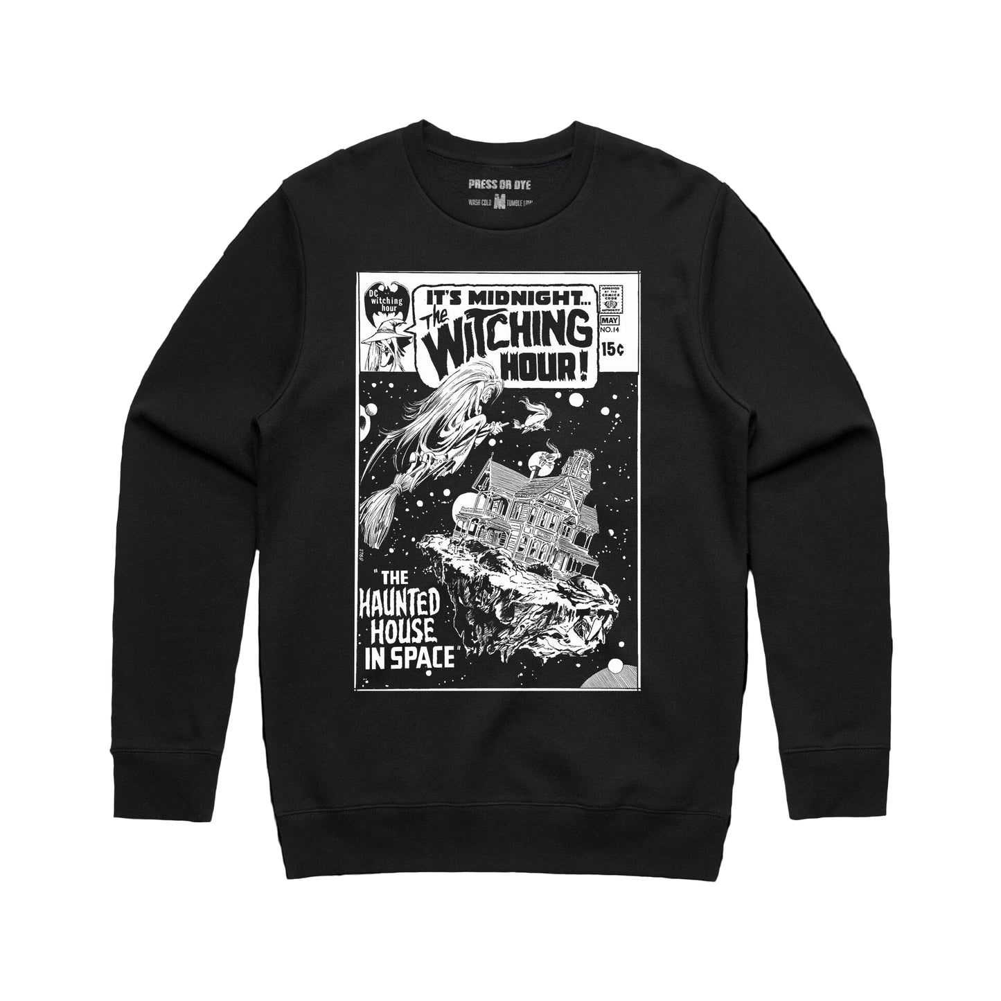 Black sweatshirt with a graphic design of a haunted house in space on a black background