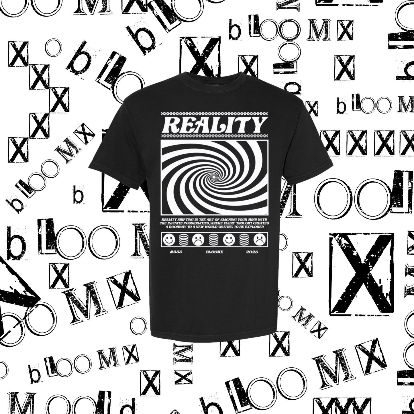 Black t-shirt with a graphic design in the center, featuring the word 'REALITY' in bold letters, surrounded by a spiral pattern.