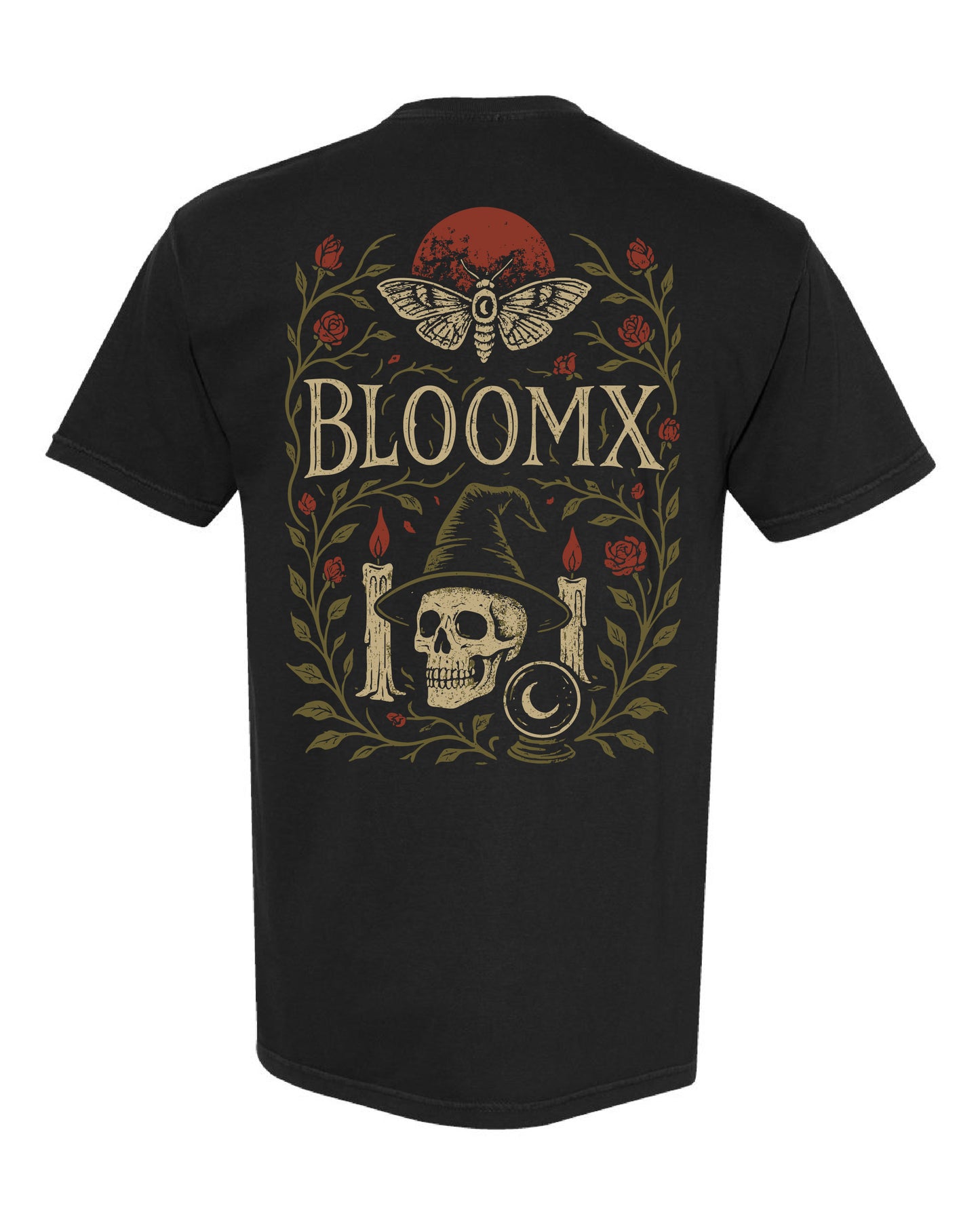 BLOOMX graphic tee featuring skull with witch hat, candles, and red roses in occult vintage style