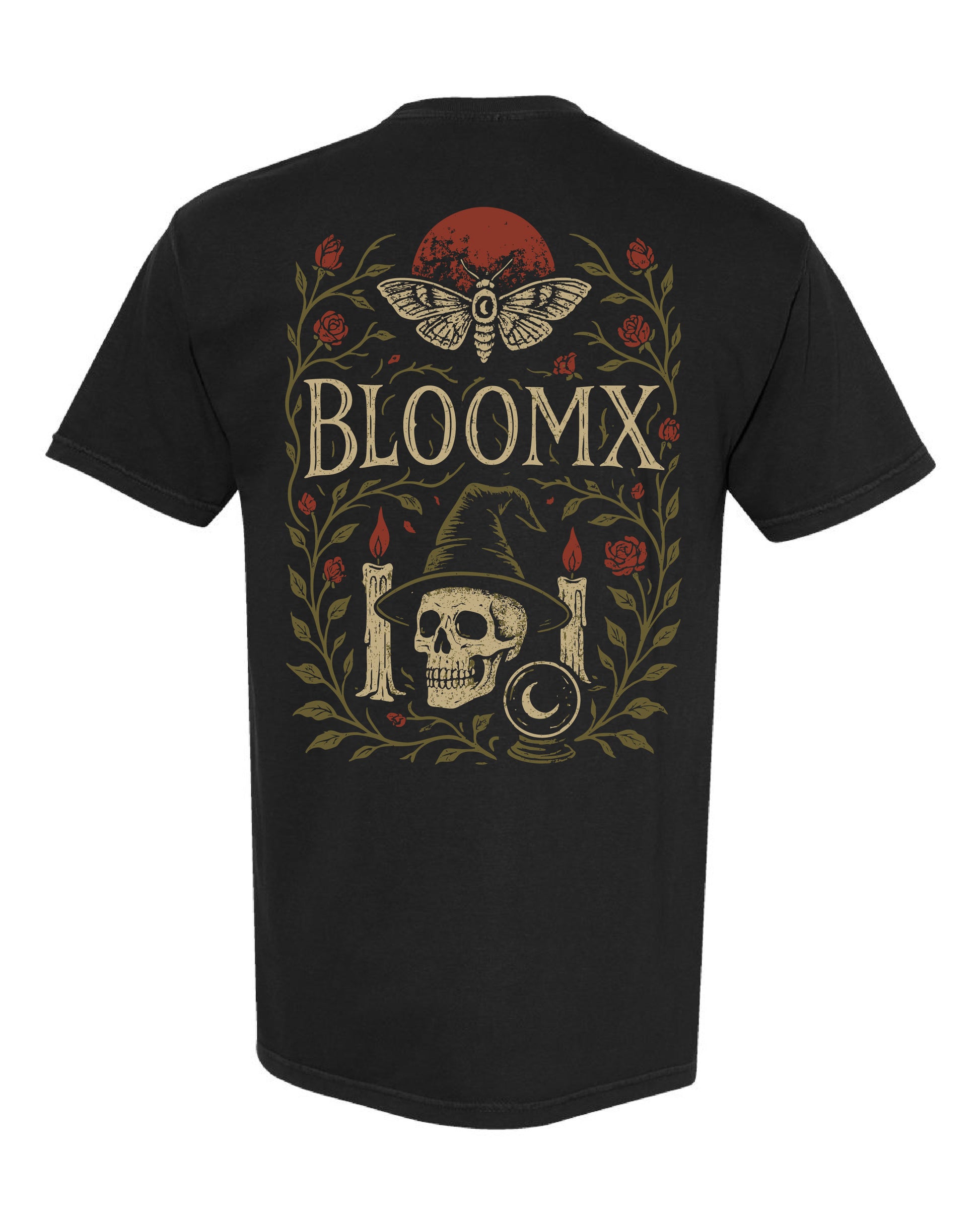 BLOOMX graphic tee featuring skull with witch hat, candles, and red roses in occult vintage style